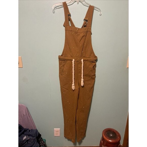 Mittoshop Women’s Medium Overalls Brown Artsy Paint Splattered Boho Hippie - Picture 1 of 13
